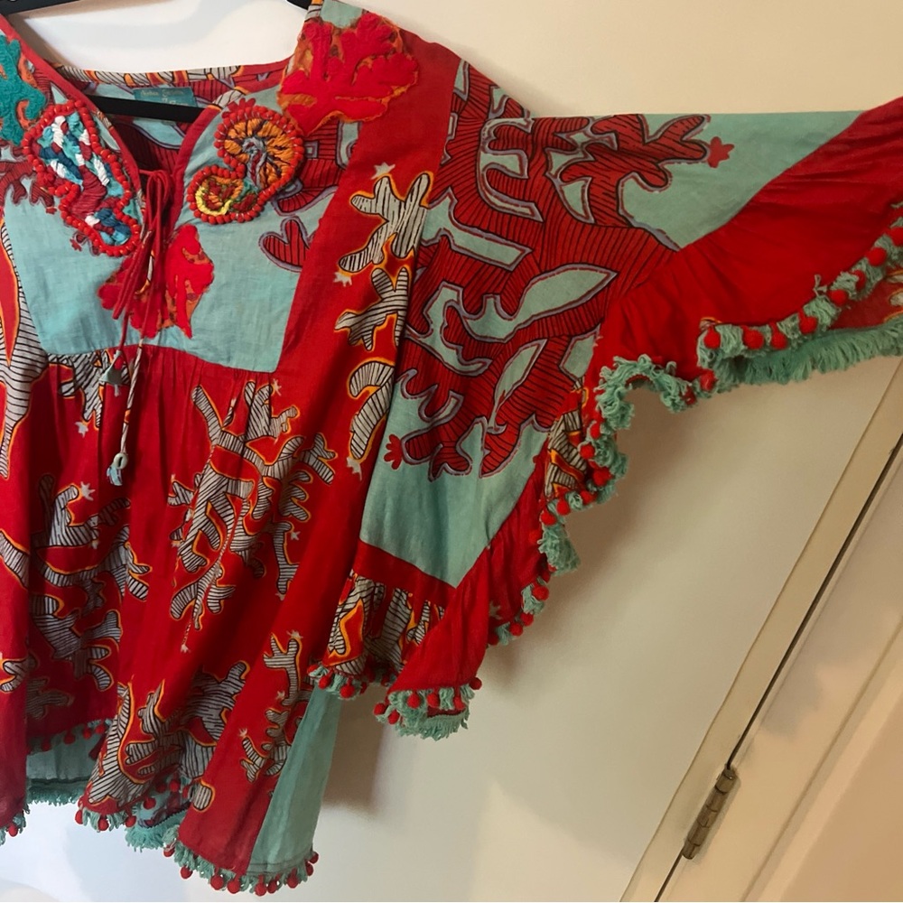 Antica Sanatoria Italian Blouse With Pom Poms , Fringe And Flared Sleeves - Picture 7 of 7